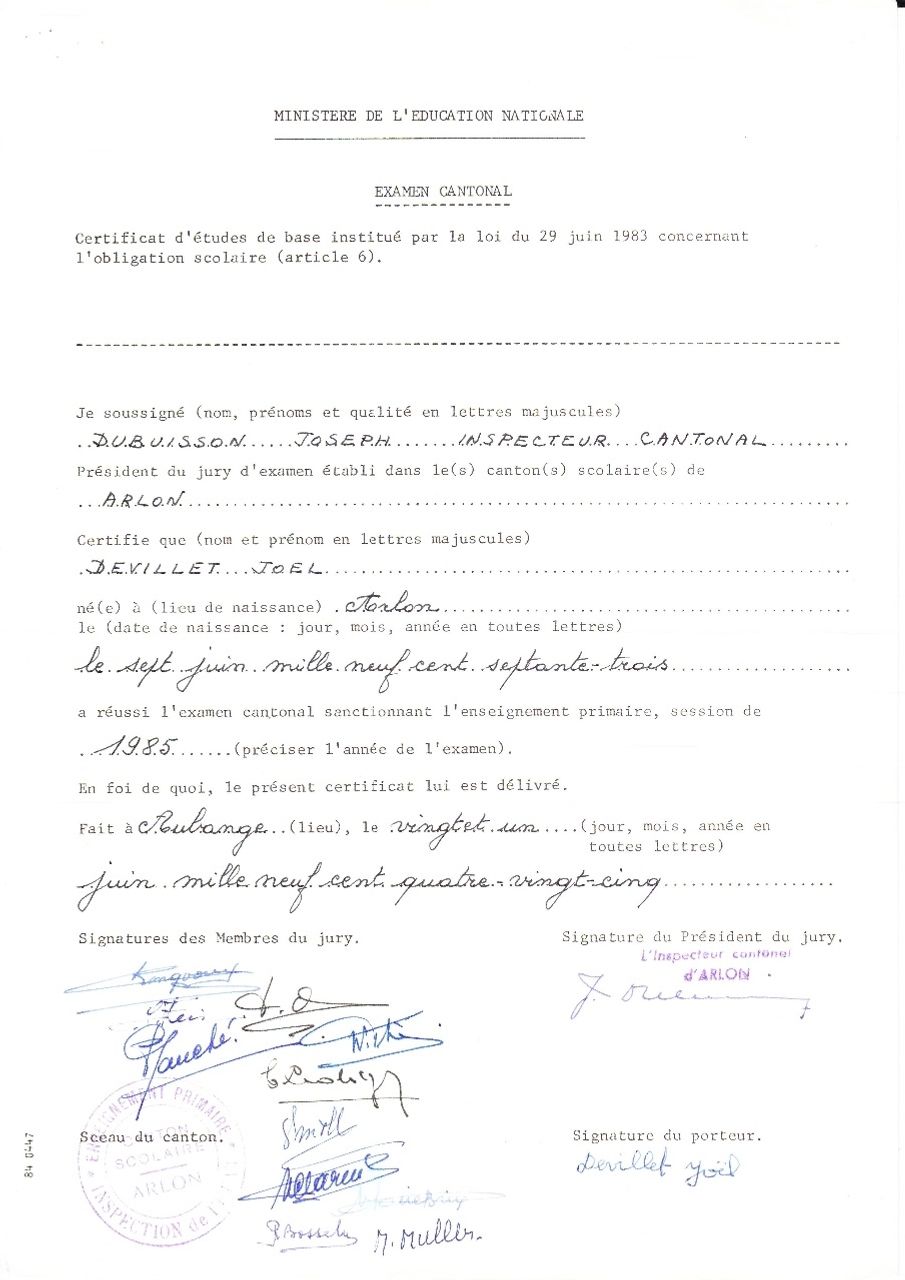 école communale d'Aubange CEB 1985  ( 12 ans )