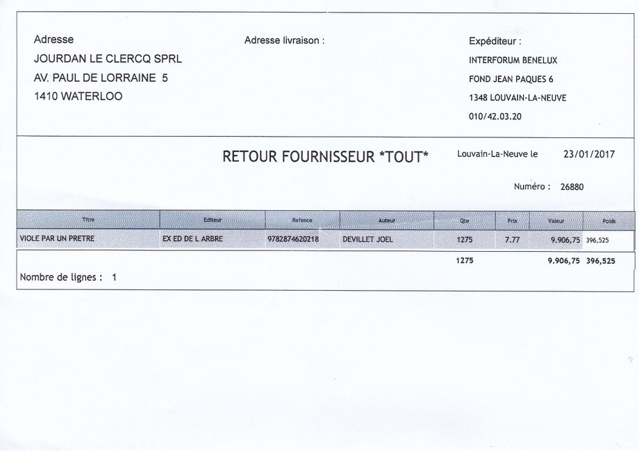 Interforum Benelux à L.L.N. remise à l'auteur du stock des livres